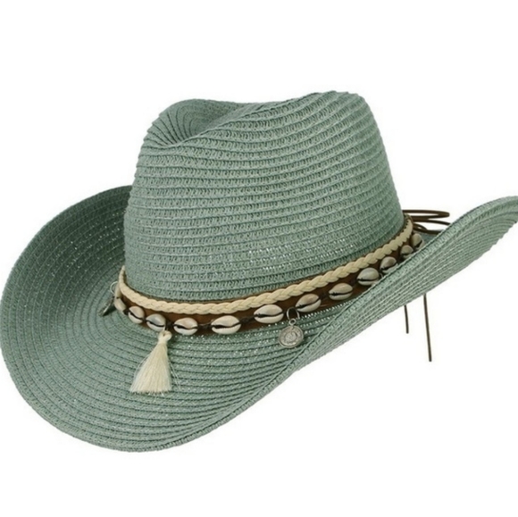 None Accessories - Unisex Woven Western Straw Beach Sun Hat Cowrie Cowry Shells Tassels Sage Green